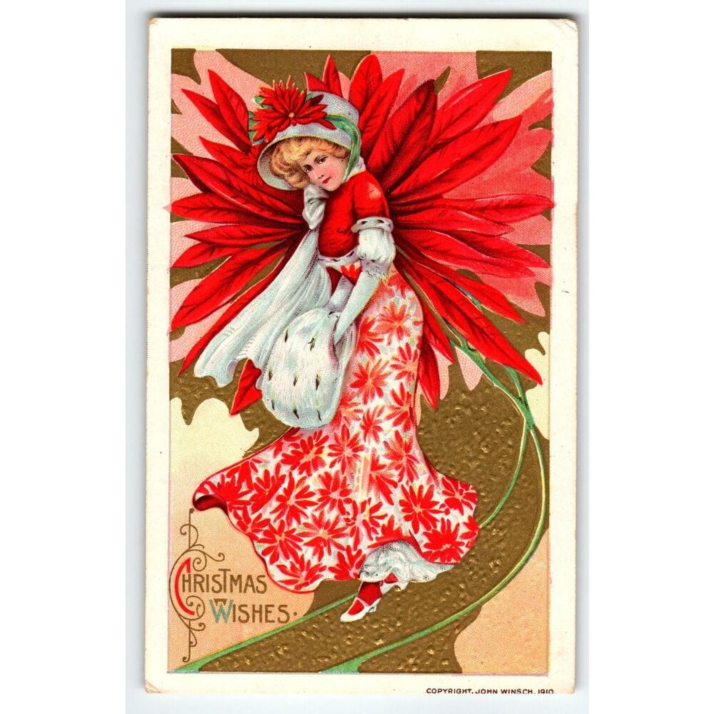 Christmas Postcard Poinsettia Flower Lady John Winsch Samuel Schmucker 1910